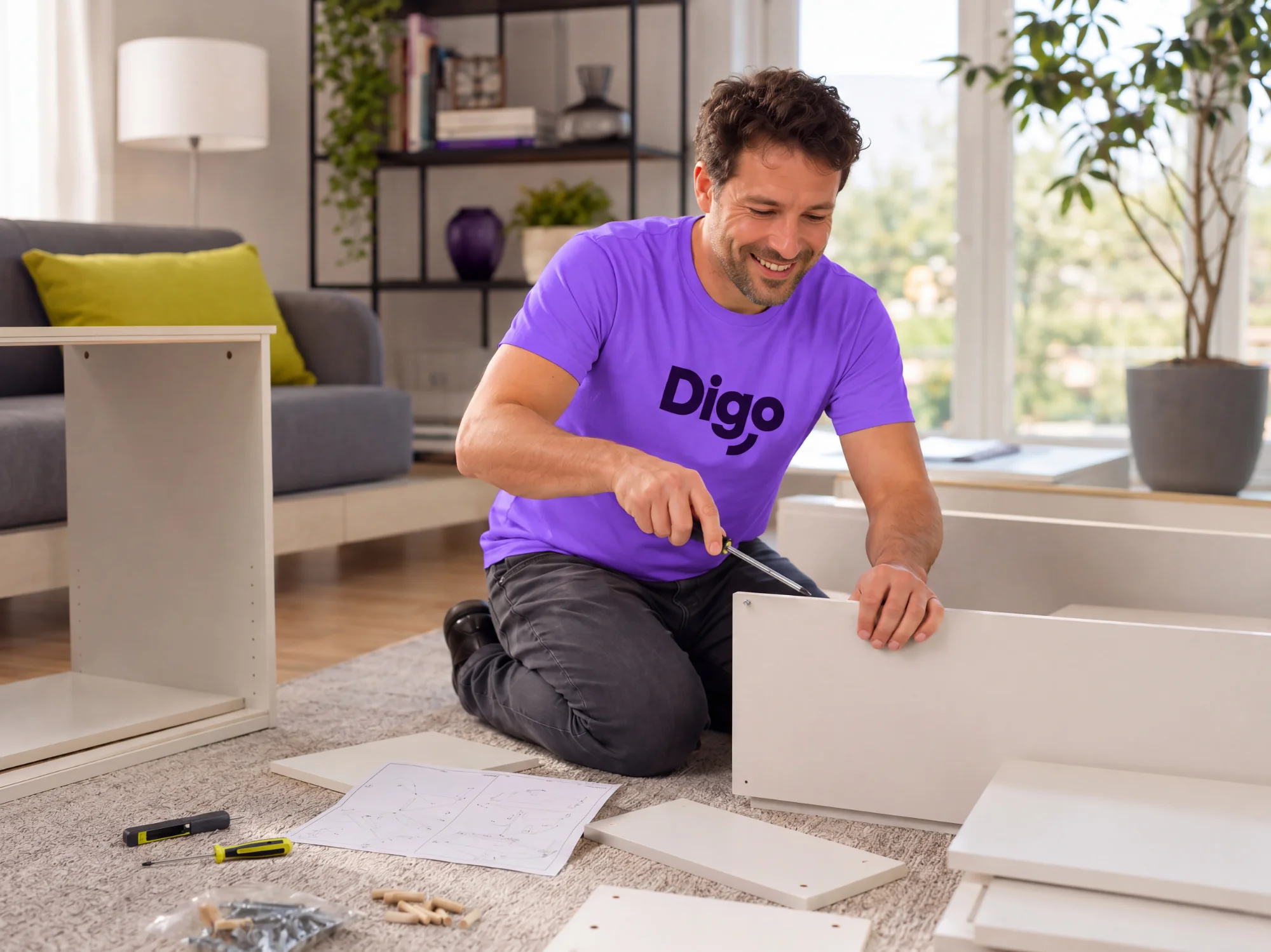 Travailleur Digo en t-shirt violet assemblant un meuble dans un salon